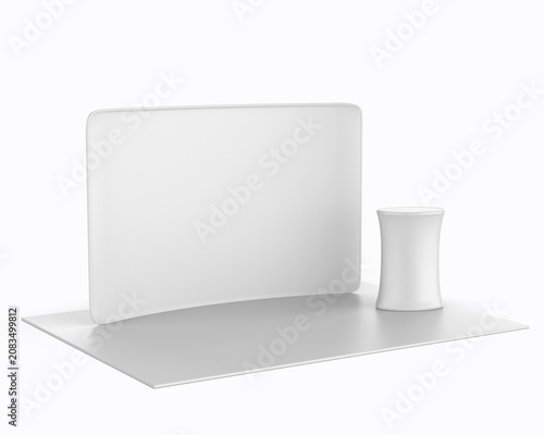 High-quality 3D illustration of a modern exhibition booth featuring a curved fabric backdrop, two promotional counters, and customizable branding areas. This clean trade show display mockup.