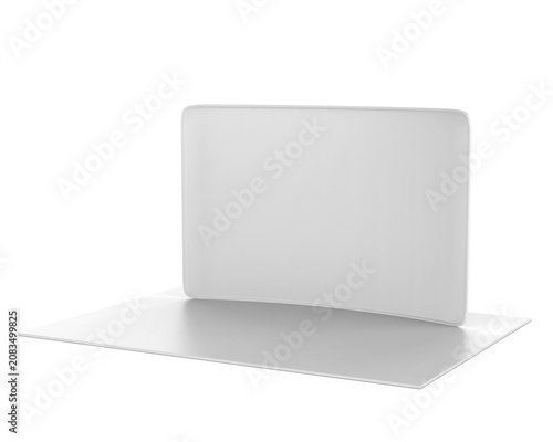 High-quality 3D illustration of a modern exhibition booth featuring a curved fabric backdrop, two promotional counters, and customizable branding areas. This clean trade show display mockup.