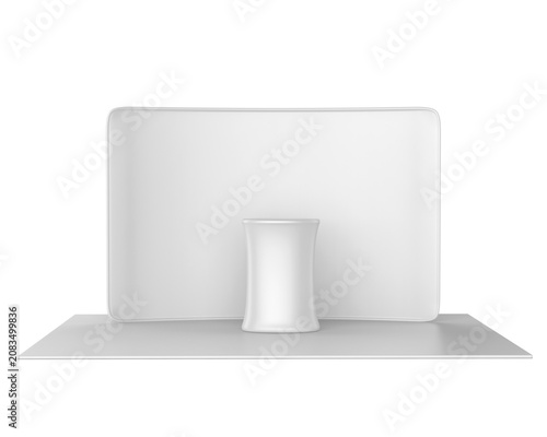 High-quality 3D illustration of a modern exhibition booth featuring a curved fabric backdrop, two promotional counters, and customizable branding areas. This clean trade show display mockup.