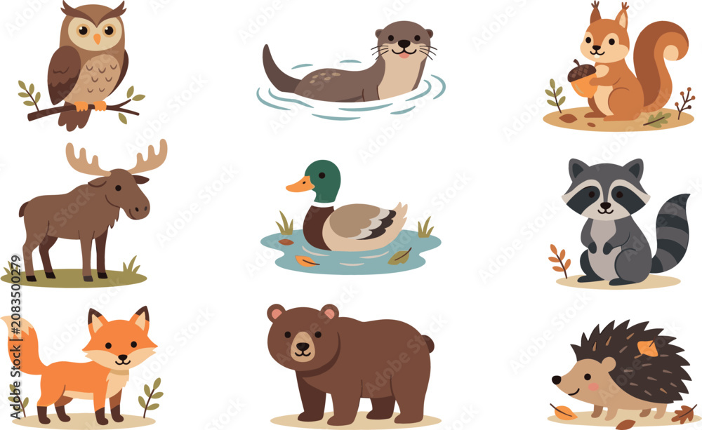 Obraz premium Cute Flat Woodland Animal Set with Owl, Otter, Squirrel, Moose, Duck, Raccoon, Fox, Bear, and Hedgehog for Nature Designs