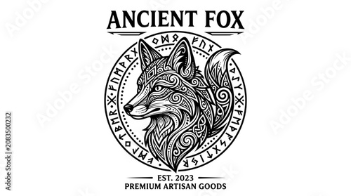 Bild auf Leinwand Ancient Fox Logo, Viking Style, Tribal Art, Nordic Mythology, Animal Emblem