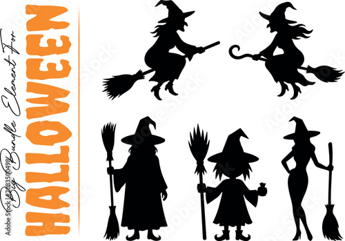 Witch silhouettes collection vector bundle pack. Spooky female wizards flying on broomsticks, holding brooms, and standing in elegant gothic gowns isolated on white.