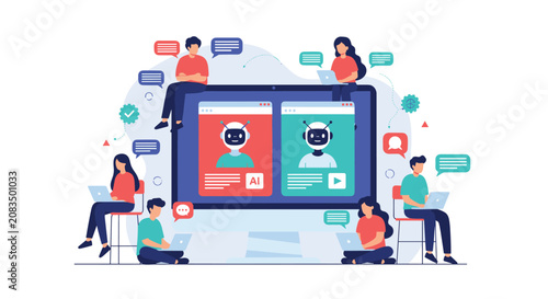 Artificial intelligence and user interaction concept showing people using laptops to communicate with ai bots on a screen.