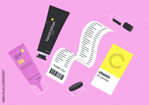 Canvastavla A lively display of a cosmetics kit set featuring lotion, sunscreen, vitamins, and a colorful receipt, all set against a playful pink background inspiring self-care