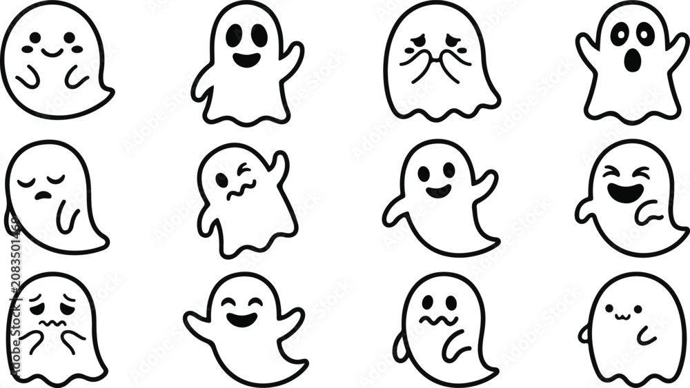 Fototapeta premium Cute ghost emoticons set black and white vector illustration