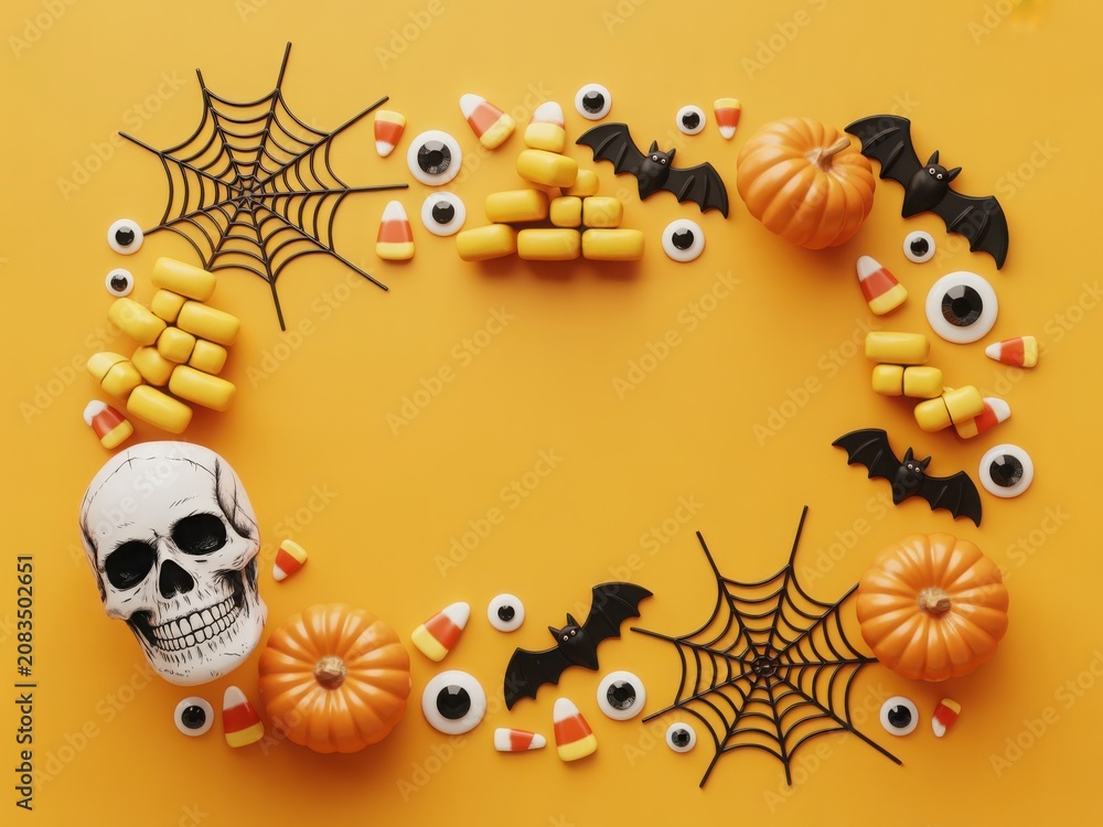Fototapeta premium Halloween frame with skull pumpkins candy corn bats and spider webs on an orange background