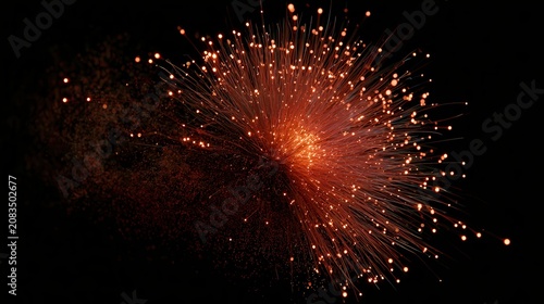 Fiery orange and red sparks from a firework bursting in the night sky with fireworks explosion celebration pyrotechnics shimmering glittering