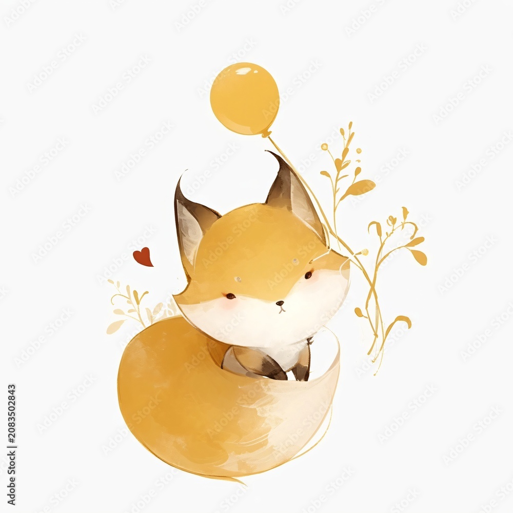 Fototapeta premium Cute cartoon fox holding yellow balloon. Small wild animal in digital sticker style. Decorative illustration for nursery poster, children greeting card and clothing print design.