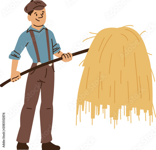 Schilderij op canvas Cartoon farmer man raking hay with stick flat style vector