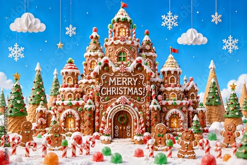 2027 Christmas and New Year copy space banner featuring gingerbread castle, candy cane path, icing details, gumdrops, cookie characters and blue sky for candyland Christmas party invitation design