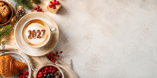 2027 Christmas and Happy New Year copy space featuring cappuccino with 2027 foam art, croissant, cookies, berries, fir lights and natural textures on rustic table for cafe holiday breakfast promo