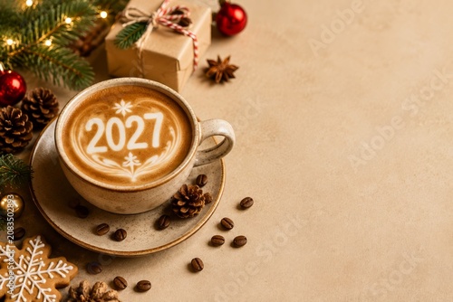 2027 Christmas and Happy New Year latte art coffee, gingerbread cookie, pine cones, gift, cinnamon spice and warm natural textures for cozy bakery cafe seasonal menu design