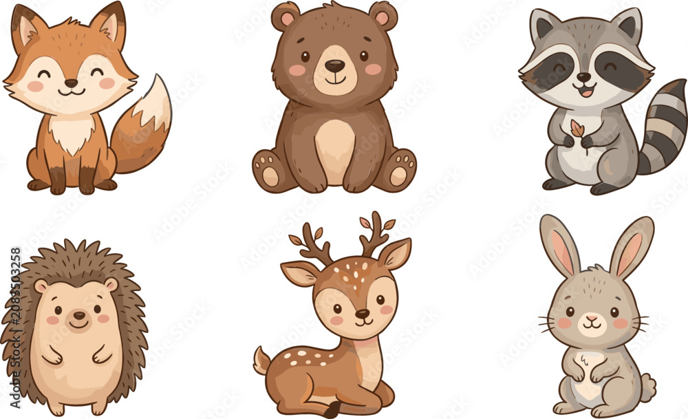 Fototapeta premium Cute Kawaii Woodland Animal Set with Fox, Bear, Raccoon, Hedgehog, Deer, and Rabbit for Kids and Nursery Designs