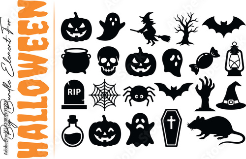 Halloween silhouette elements vector big bundle pack. Collection of spooky holiday icons including jack o lanterns, ghosts, a flying witch, skull, spider web, coffin, and a large rat isolated on white