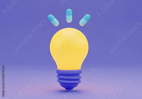 Yellow lightbulb glowing with floating blue medicine capsules above innovation pharmaceutical creative solution pharmacy medicine discovery treatment healthcare research thinking lighting