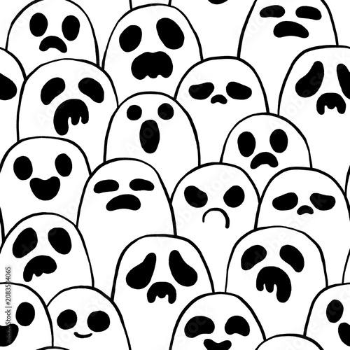 Seamless pattern with a hand-drawn crowd of cute ghosts with various expressions in line art. Perfect for textiles, gift wrapping paper, packaging, kids' clothing fabric prints, linens, accessories.