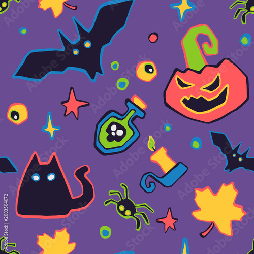 Seamless pattern with hand-drawn, vibrant, cute and creepy Halloween elements on purple background for textiles, gift wrapping paper, autumn packaging, kids clothes fabric prints, linens, accessories.