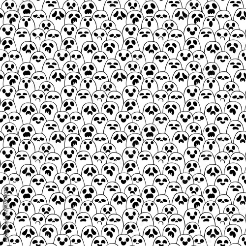 Seamless pattern with a hand-drawn crowd of cute ghosts with various expressions in line art. Perfect for textiles, gift wrapping paper, packaging, kids' clothing fabric prints, linens, accessories.