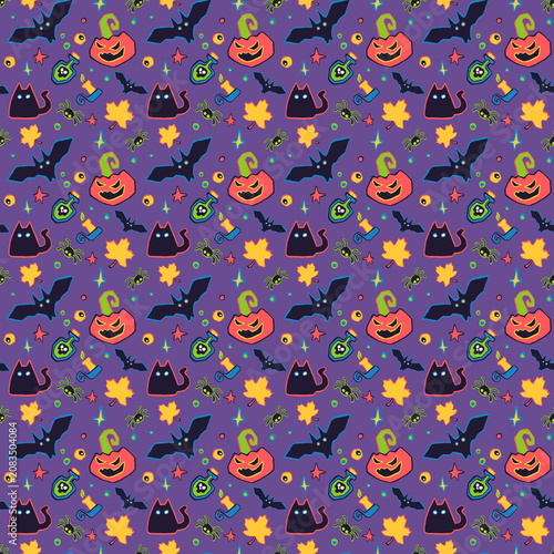 Seamless pattern with hand-drawn, vibrant, cute and creepy Halloween elements on purple background for textiles, gift wrapping paper, autumn packaging, kids clothes fabric prints, linens, accessories.