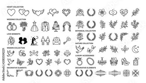 Tableau sur toile Elegant set of wedding botanical and romantic love themed outline icons and deco