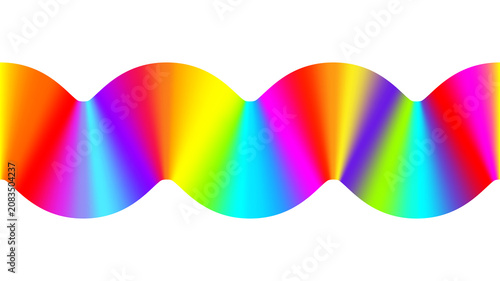 Vibrant neon rainbow fluid wave ribbon isolated on transparent background. Seamless horizontal holographic wavy border with Y2K retro design aesthetic. PNG