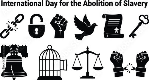 International day for the abolition of slavery awareness icons set black and white