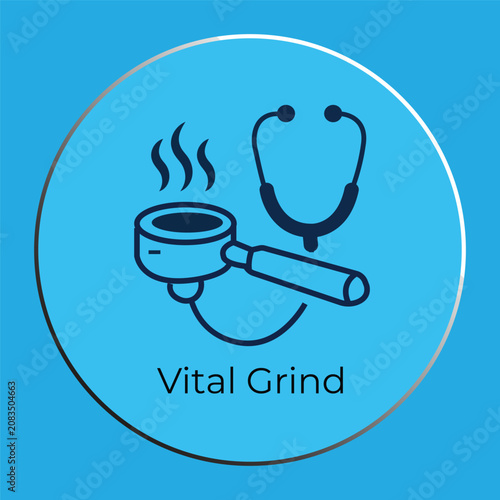 Medical coffee shop logo vector design. Minimalist stethoscope and coffee portafilter icon badge for healthcare cafe or hospital cafeteria branding.