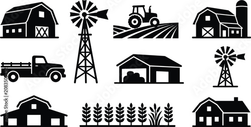 Foto Farm silhouette vector icon set bundle featuring black graphic shapes for tradit