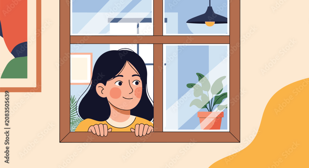 Fototapeta premium Cheerful young girl with dark hair looking out of her home window at the cozy room with a potted green plant.