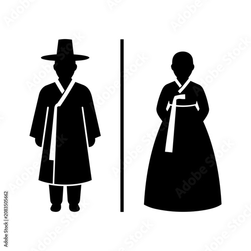 Traditional Korean restroom pictogram featuring male figure in gat hat and dopo robe, and female figure in chima jeogori hanbok. 