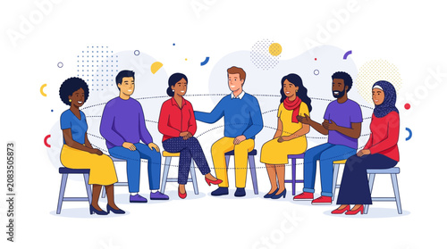 Diverse group of people sitting in a circle and shaking hands