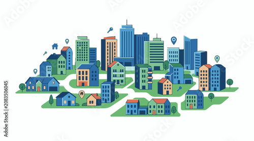 Diverse residential and commercial buildings in a stylized cityscape