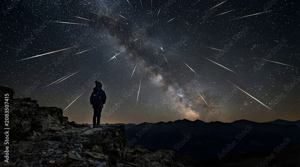 Fototapeta premium Person observing meteor shower under Milky Way on mountain ridge
