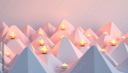 Abstract geometric landscape with glowing lotus candles on pink pyramid peaks