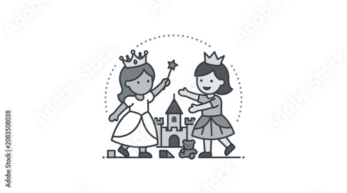 Photos Two little girls wearing crowns playing.