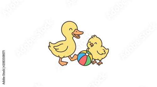 Slika na platnu Two yellow ducks playing with ball.