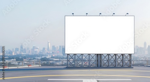 A large blank white billboard stands on a rooftop with a blurred city skyline in the background, ready for advertising.