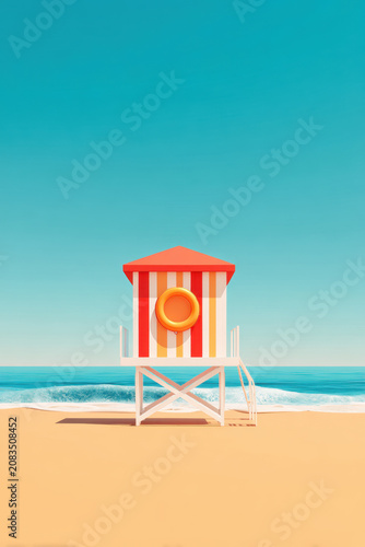 A colorful lifeguard tower on a sandy beach with waves in the foreground, bright blue sky