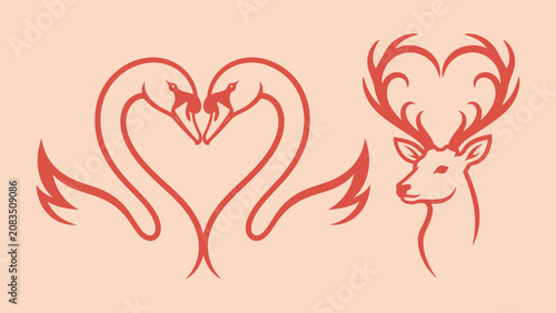 Photos Swan couple forming a heart shape and deer head with heart-shaped antlers vector