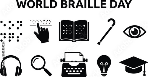 World braille day icons set featuring accessibility symbols and tools