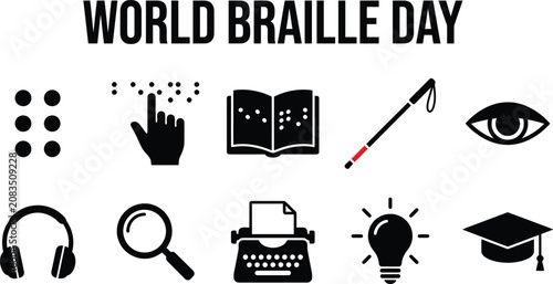 World braille day celebration icons set with symbols for accessibility and education