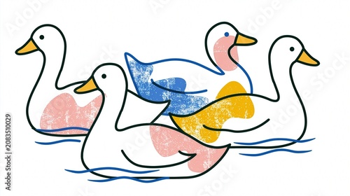 Illustration of four colorful ducks swimming in water stylized design with swimming illustration wildlife colorful stylized waterfowl isolated