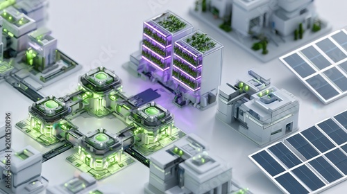 Isometric concept illustration of eco-friendly modern city infrastructure with solar energy panels and vertical gardens isometric architecture