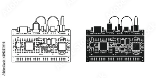 Tableau sur toile Breadboard circuit prototype set featuring electronic components and wiring in o