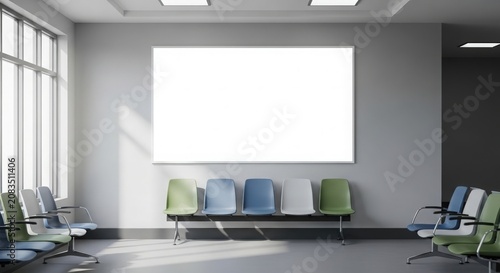 A modern, empty waiting room with rows of colorful chairs and a large blank white screen on the wall, illuminated by natural light from a window.