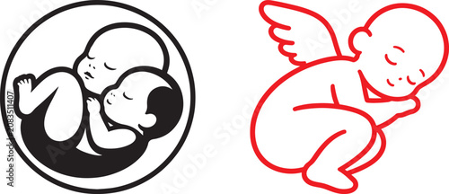 Fotografía Sleeping baby angel cherub vector and twin fetus pregnancy icon set for maternit