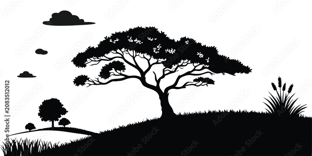 Εκτύπωση καμβά Minimalist tree silhouette with flying birds on white background