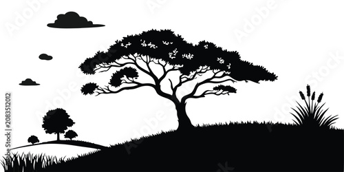 Canvas Print Minimalist tree silhouette with flying birds on white background