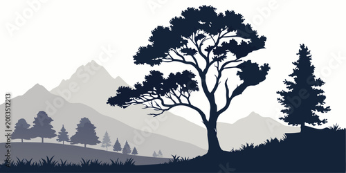 Minimalist winter landscape with bare tree silhouettes on white background