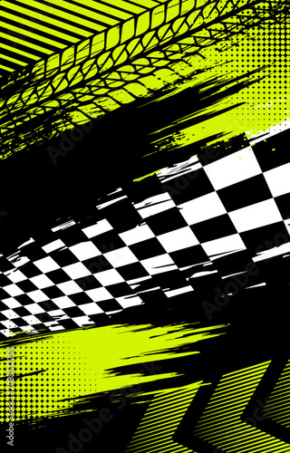 Abstract Racing Background with Tire Tracks, Checkered Flag, and Neon Lime Green Grunge Graphic Elements